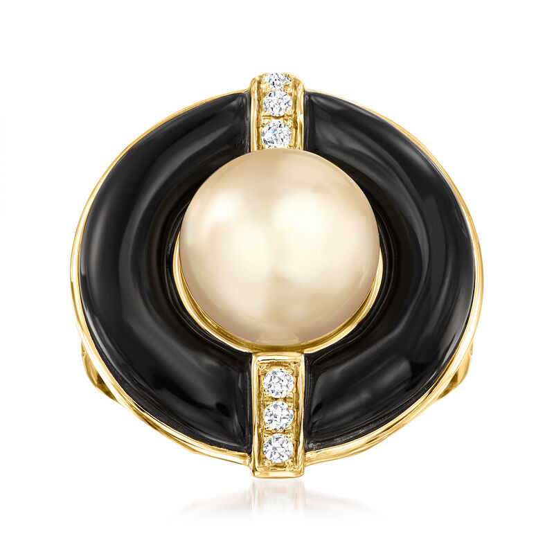 10-12mm Golden Cultured South Sea Pearl Ring with Onyx and .18 ct. t.w. Diamonds in 14kt Yellow Gold image number 0