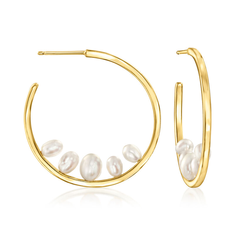 3.5x5-6x5mm Cultured Pearl Hoop Earrings in 18kt Gold Over Sterling. 1 1/8&quot; image number 0