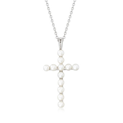 3.5-4mm Cultured Pearl Cross Pendant Necklace in Sterling Silver