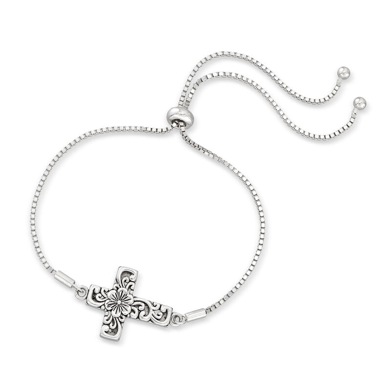 Sterling Silver Bali-Style Floral Cross Bolo Bracelet image number 2