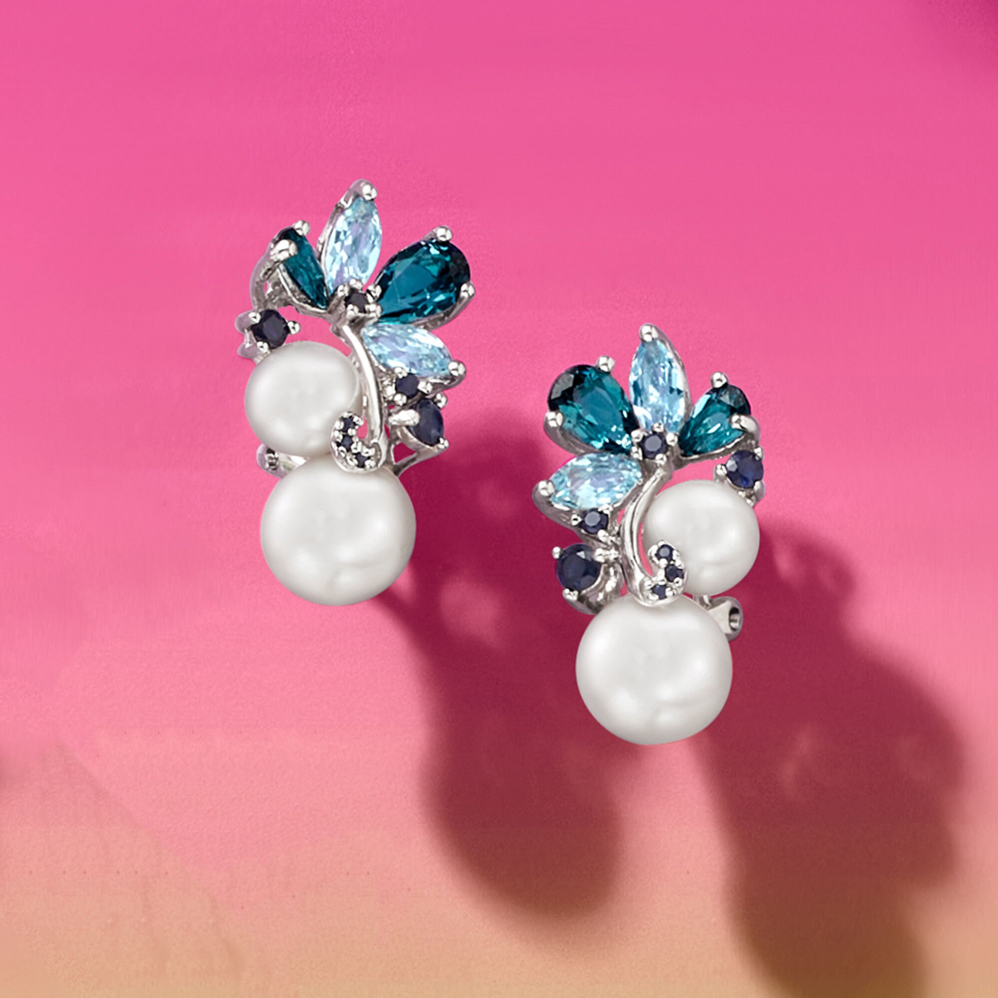 6 8.5mm Cultured Pearl and 2.00 ct. t.w. Sky Blue Topaz and London Blue Topaz