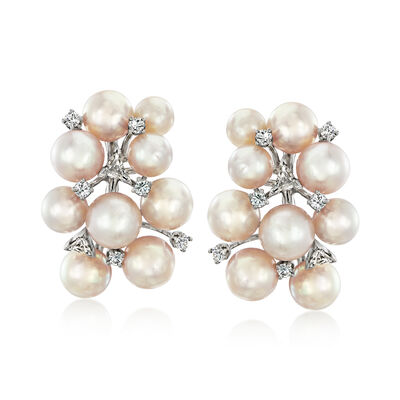 C. 1970 Vintage 6-8.5mm Cultured Pearl and 1.50 ct. t.w. Diamond Clip-On Cluster Earrings in Palladium and 14kt White Gold