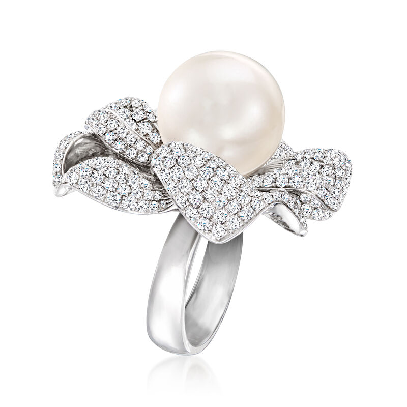 14-14.5mm Cultured Pearl and 4.90 ct. t.w. Diamond Flower Ring in 18kt White Gold image number 2