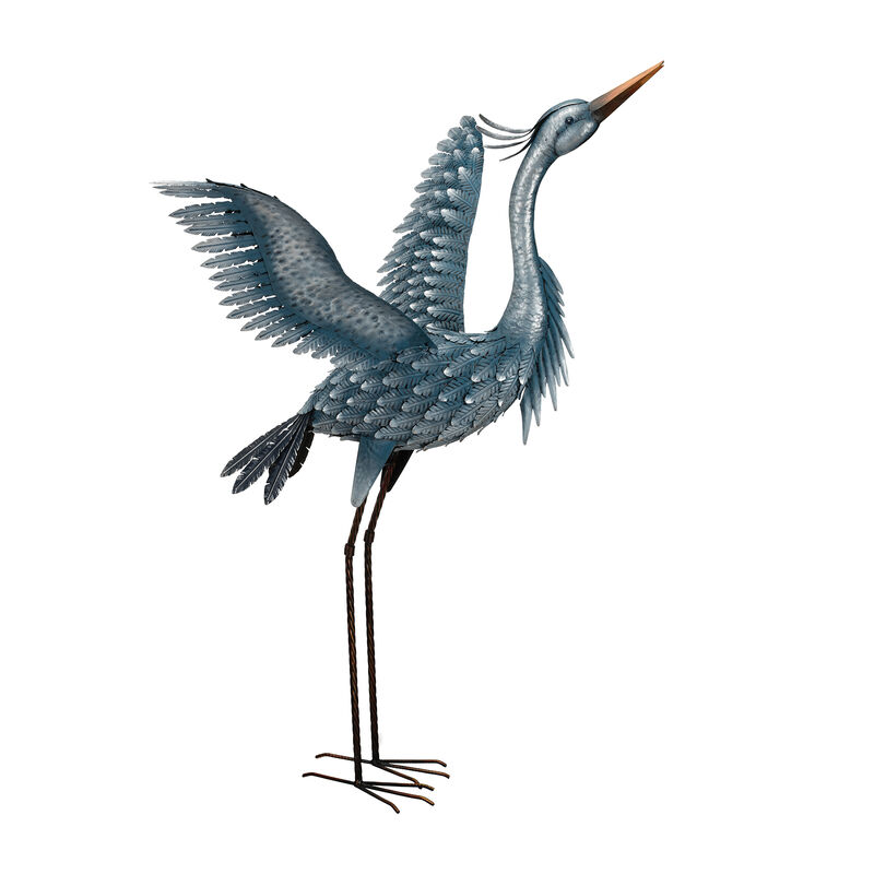 Metallic Blue Heron Decorative Garden Statue - Wings Up image number 0
