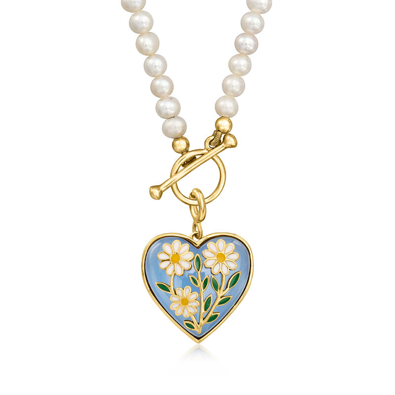Blue Chalcedony Heart Charm with Multicolored Enamel Daisies in 18kt Gold Over Sterling image number 2