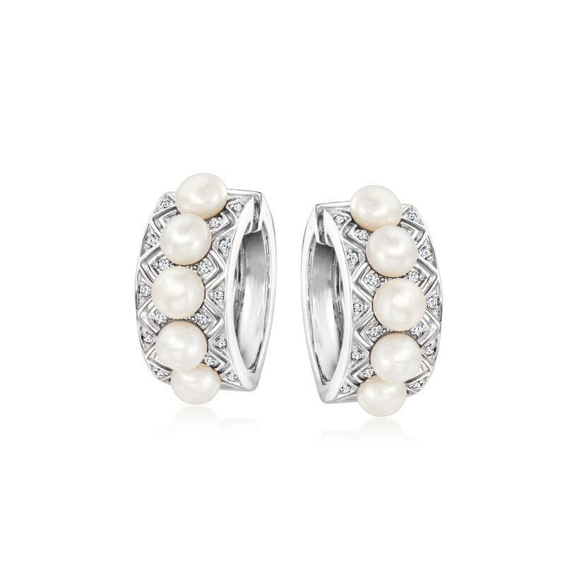 4-4.5mm Cultured Pearl and .11 ct. t.w. Diamond Hoop Earrings in Sterling Silver. 5/8&quot; image number 2