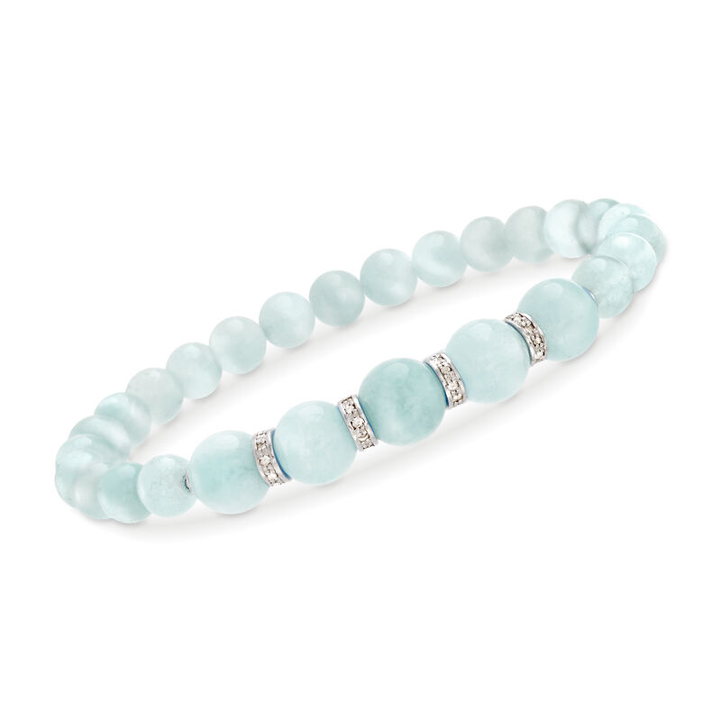 50.00 ct. t.w. Aquamarine Bead and .24 ct. t.w. Diamond Stretch Bracelet with Sterling Silver image number 0