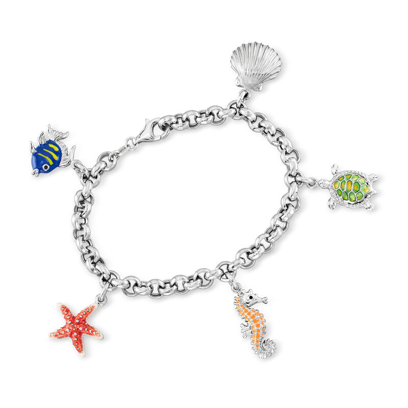 Italian Sterling Silver Rolo-Link Sea Life Charm Bracelet with Multicolored Enamel image number 0