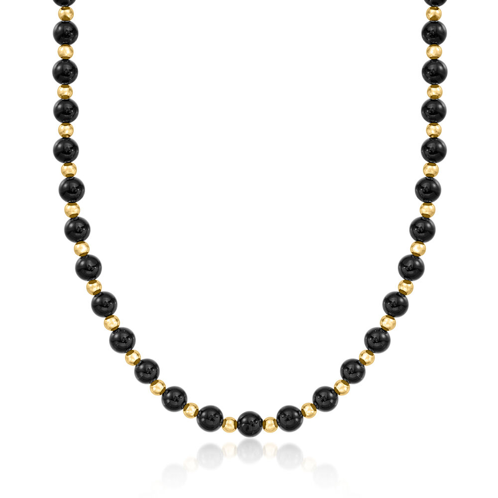 8mm Onyx Bead Necklace in 14kt Yellow Gold. 18"