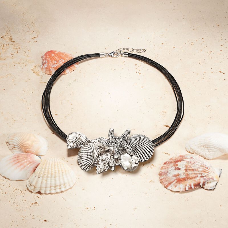 Sterling Silver Over Resin Starfish and Seashells Necklace with Black Leather. 18&quot; image number 8