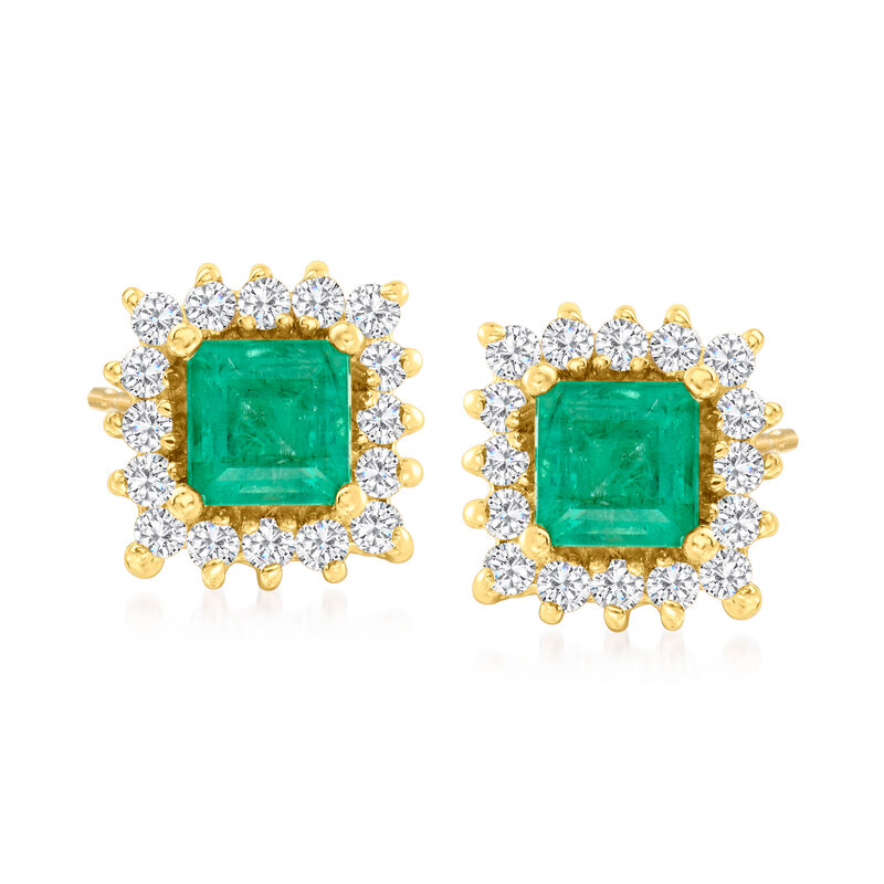 .70 ct. t.w. Emerald and .32 ct. t.w. Diamond Stud Earrings in 14kt Yellow Gold image number 0