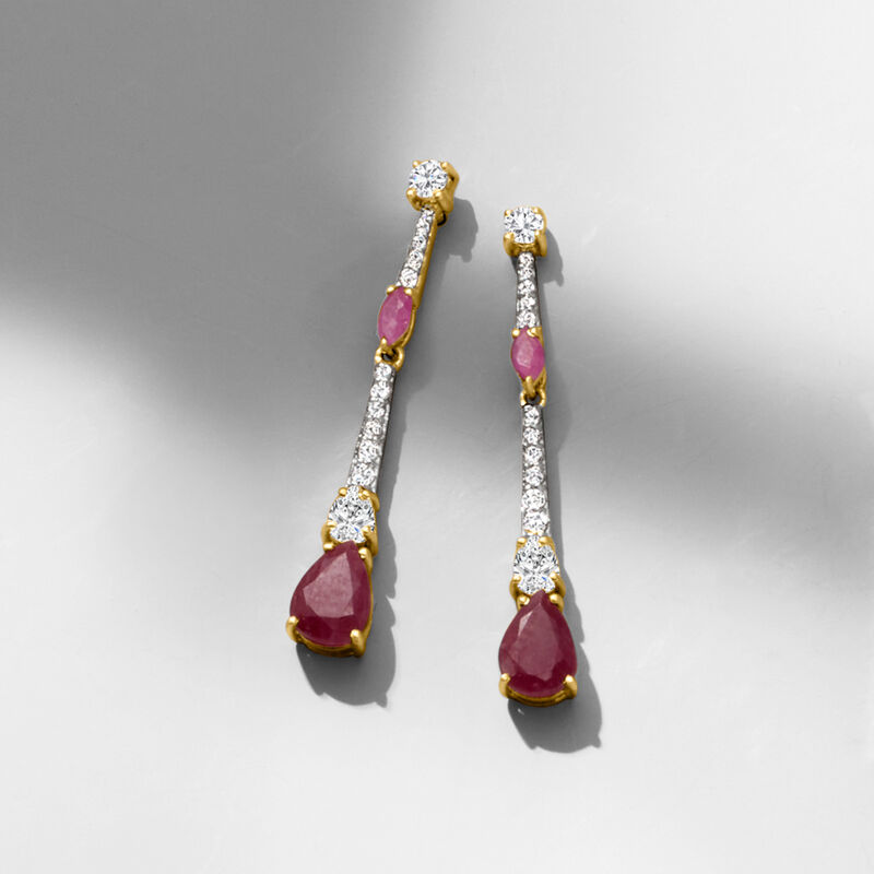 2.00 ct. t.w. Ruby and .80 ct. t.w. White Topaz Drop Earrings in 18kt Gold Over Sterling image number 3