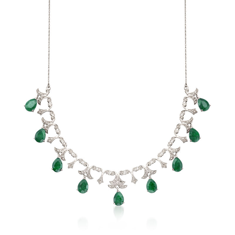 20.00 ct. t.w. Emerald and .28 ct. t.w. Diamond Necklace in Sterling Silver. 18&quot; image number 1