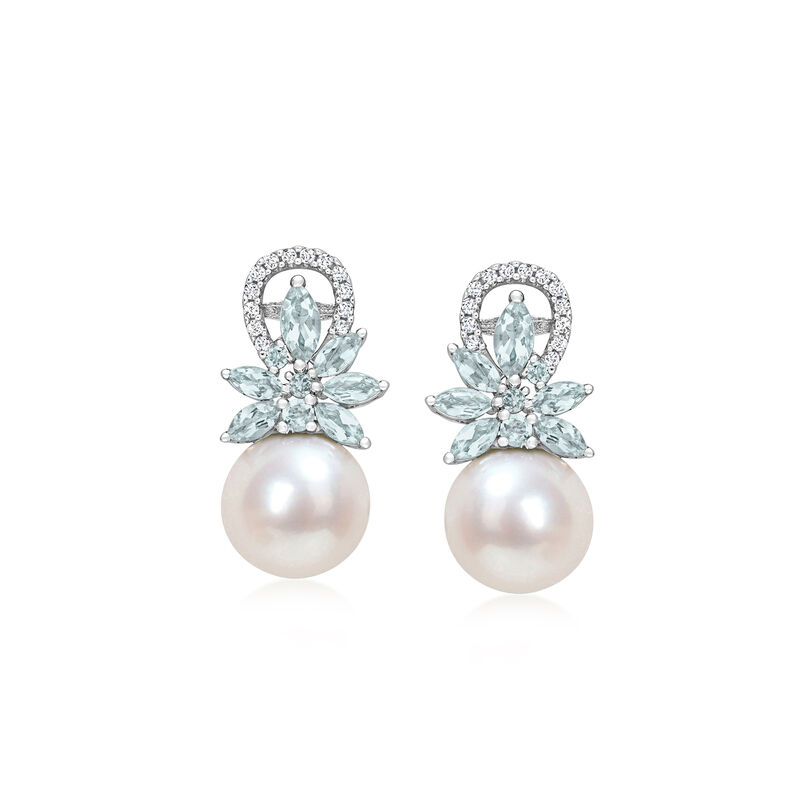 9-9.5mm Cultured Pearl and 1.10 ct. t.w. Aquamarine Drop Earrings with .13 ct. t.w. Diamonds in 14kt White Gold  image number 0
