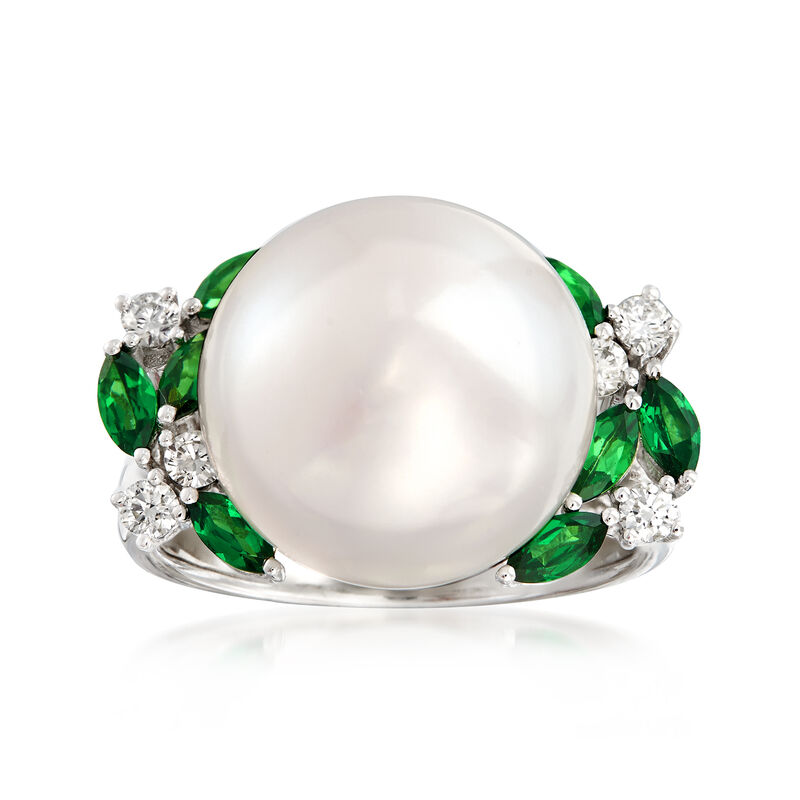 13-13.5mm Cultured Pearl, .70 ct. t.w. Tsavorite and .23 ct. t.w. Diamond Ring in 14kt White Gold. Size 7 image number 0