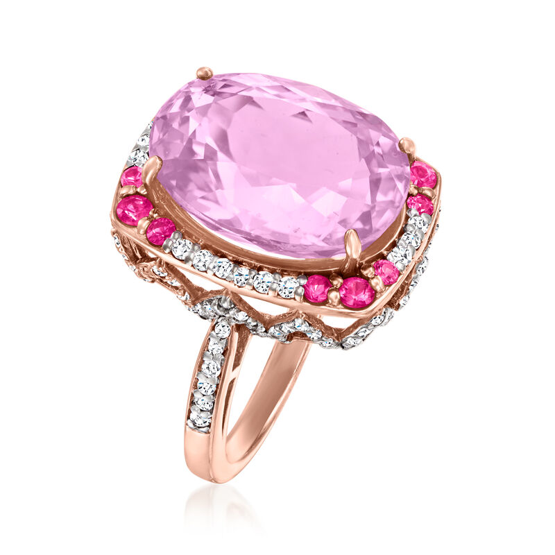 13.00 Carat Kunzite, .80 ct. t.w. White Zircon and .50 ct. t.w. Ruby Ring in 18kt Rose Gold Over Sterling. Size 9 image number 2