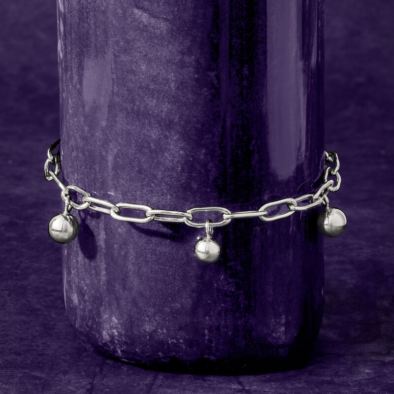 Italian Sterling Silver Bead Station Paper Clip Link Bracelet image number 2