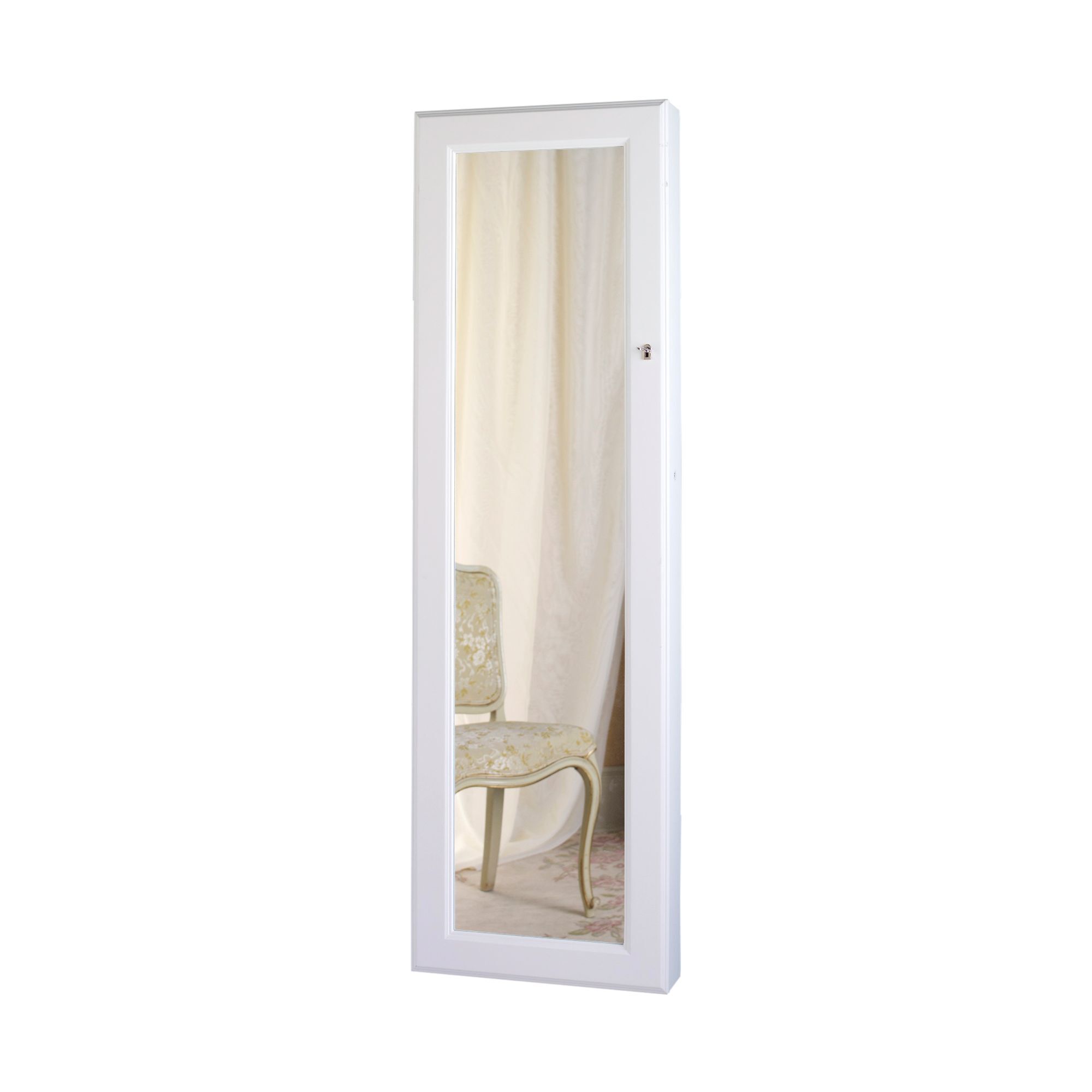 White Safekeeper Wall Mirror Jewelry Cabinet
