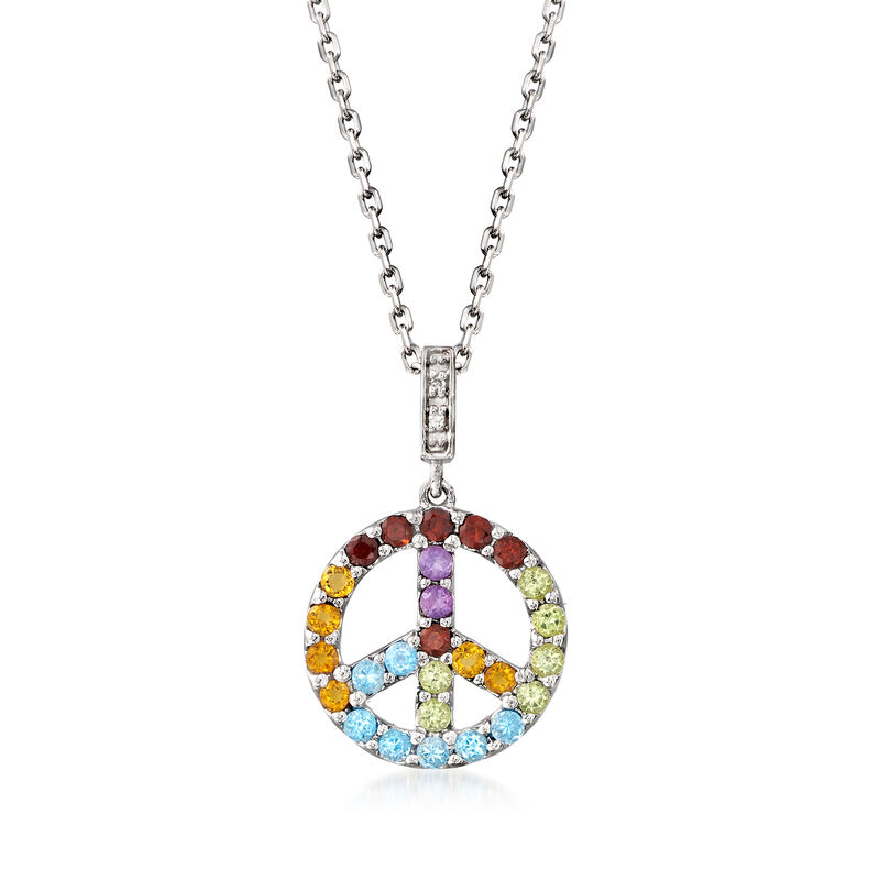 .55 ct. t.w. Multi-Gemstone Peace Sign Pendant Necklace with Diamond Accents in Sterling Silver image number 0