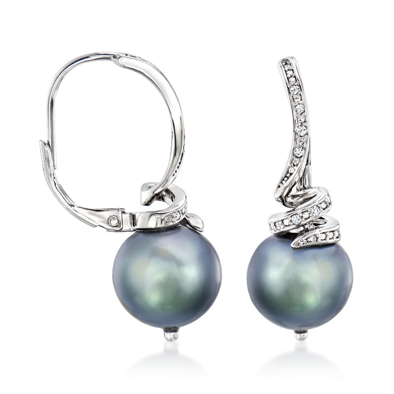 10-11mm Black Cultured Pearl and .10 ct. t.w. Diamond Drop Earrings in Sterling Silver  image number 2