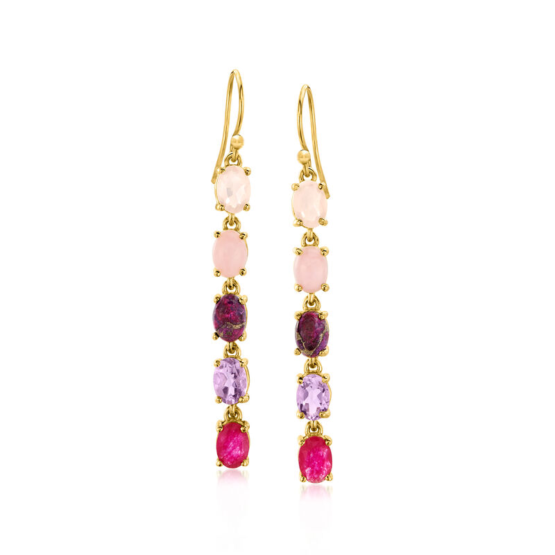 Purple Turquoise and Pink Opal Drop Earrings with 2.70 ct. t.w. Pink and Rose Quartz and 1.20 ct. t.w. Amethyst in 18kt Gold Over Sterling image number 0