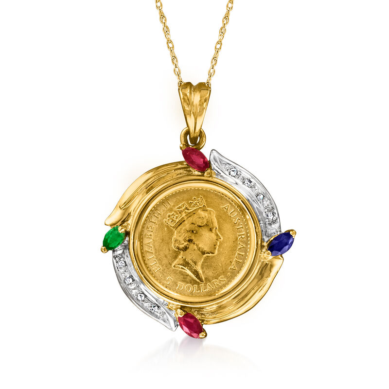 C. 1990 Vintage 24kt Yellow Gold Australian Coin and .32 ct. t.w. Multi-Gemstone Pendant Necklace with Diamond Accents in 18kt and 20kt Yellow Gold image number 0