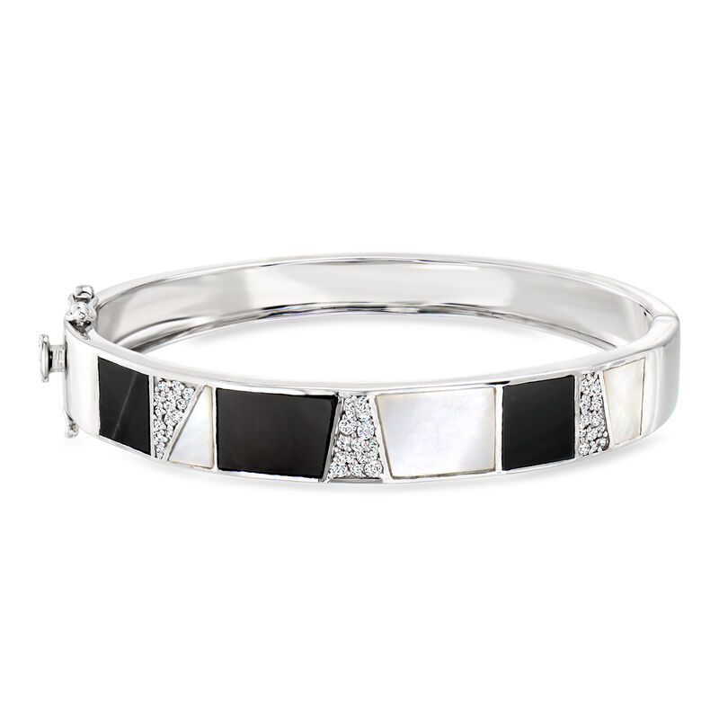 Onyx, Mother-of-Pearl and 1.00 ct. t.w. White Topaz Bangle Bracelet in Sterling Silver image number 0