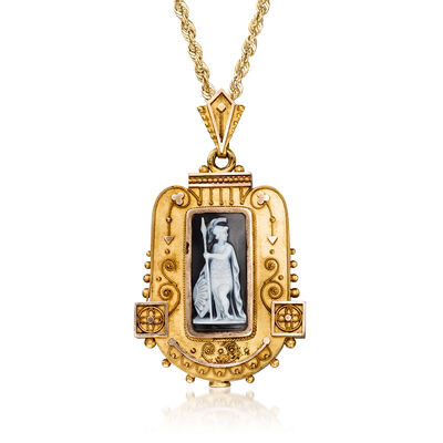 C. 1920 Vintage Black Agate Warrior Cameo Locket Necklace in 18kt Yellow Gold