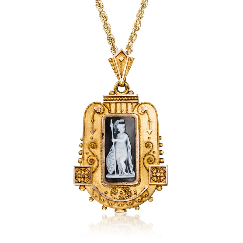 C. 1920 Vintage Black Agate Warrior Cameo Locket Necklace in 18kt Yellow Gold. 18" image number 0