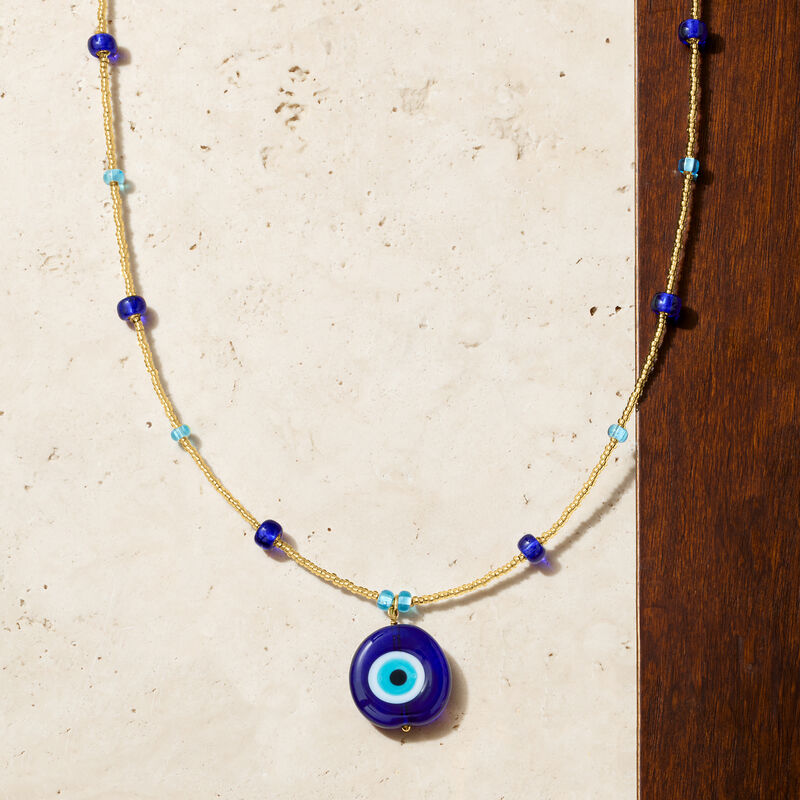 Italian Tonal Blue and Golden-Colored Murano Glass Bead Evil Eye Necklace with 18kt Gold Over Sterling. 18&quot; image number 2