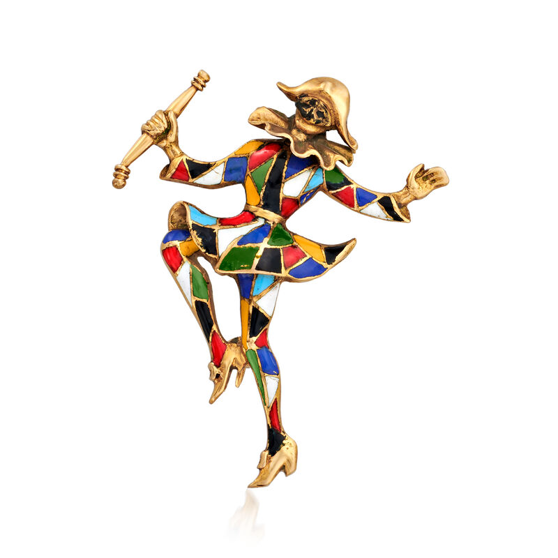 C. 1960 Vintage Multicolored Enamel Harlequin Clown in 18kt Yellow Gold image number 0