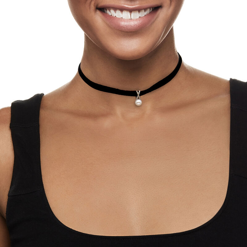 7-7.5mm Cultured Pearl and Diamond Pendant Choker Necklace with Sterling Silver and Black Velvet Cord. 13&quot; image number 1