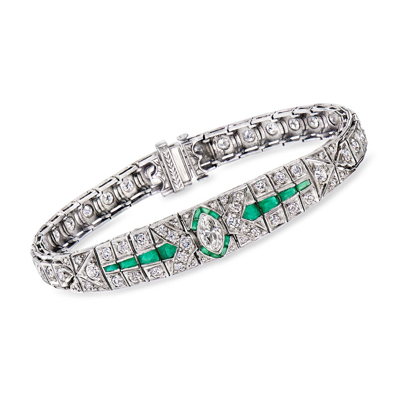 C. 1950 Vintage 2.45 ct. t.w. Diamond Bracelet with Simulated Emeralds in Platinum. 6.25&quot; image number 0