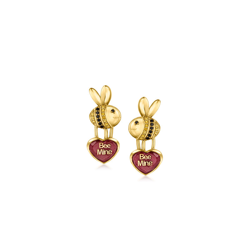 5.50 ct. t.w. Ruby &quot;Bee Mine&quot; Bumblebee Heart Drop Earrings with .10 ct. t.w. Citrines and .10 ct. t.w. Black Spinels in 18kt Gold Over Sterling image number 0