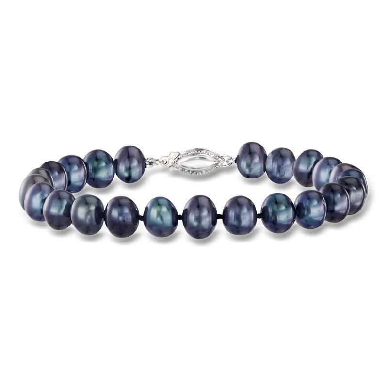 7-7.5mm Black Cultured Pearl Jewelry Set: Necklace, Bracelet and Stud Earrings with Sterling Silver. 18" image number 6