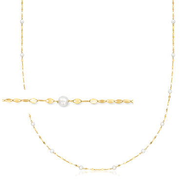 3-3.5mm Cultured Pearl Station Lumachina-Chain Necklace in 14kt Yellow Gold
