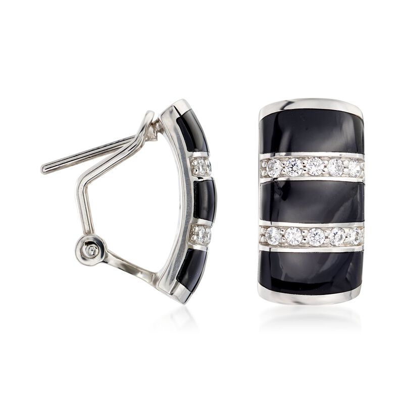 Belle Etoile &quot;Regal&quot; Black Onyx and .36 ct. t.w. CZ Hoop Earrings in Sterling Silver image number 2