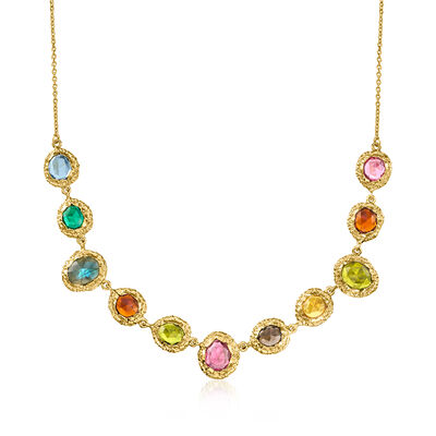 14kt Yellow Gold-Plated Necklace with Labradorite, 1.10 Carat Smoky Quartz and Multicolored Simulated Gemstones