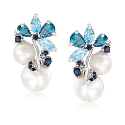 6-8.5mm Cultured Pearl and 2.00 ct. t.w. Sky Blue Topaz and London Blue Topaz Earrings with .10 ct. t.w. Sapphires in Sterling Silver