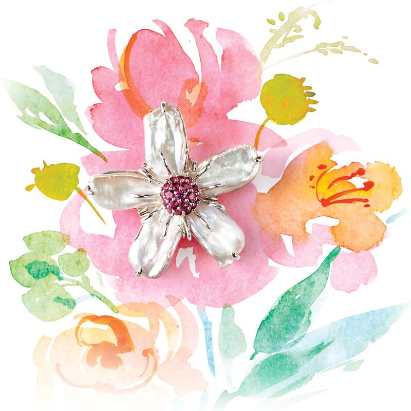 10-18mm Cultured Baroque Pearl and 1.50 ct. t.w. Rhodolite Garnet Flower Pin in Sterling Silver image number 1