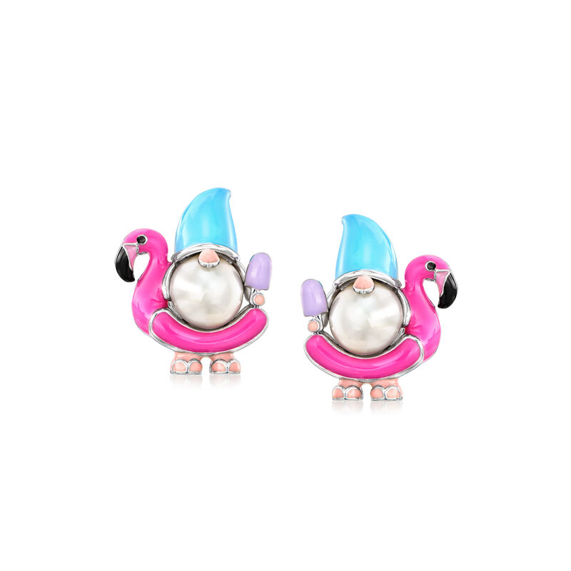 6.5-7mm Cultured Pearl and Multicolored Enamel Flamingo Floatie Gnome Earrings in Sterling Silver  image number 0