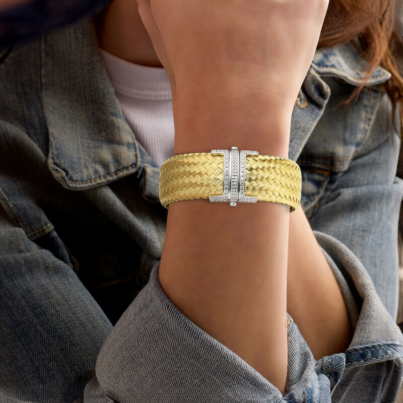 Charles Garnier &quot;Aurora&quot; 1.10 ct. t.w. CZ Wide Cuff Bracelet in 18kt Gold Over Sterling with Sterling Silver. 7&quot; image number 1