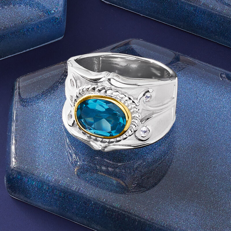 3.40 Carat London Blue Topaz and .10 ct. t.w. Aquamarine Ring in Two-Tone Sterling Silver image number 4