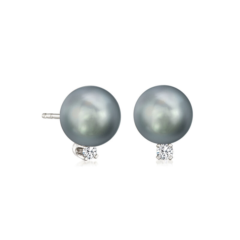 8-9mm Black Cultured Tahitian Pearl and .10 ct. t.w. Diamond Earrings in 14kt White Gold image number 2