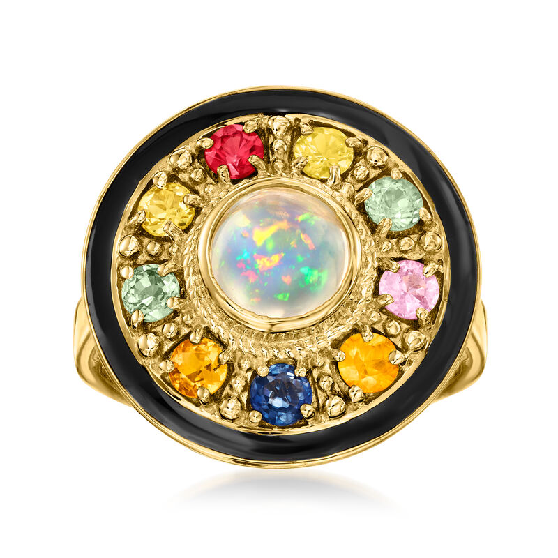 Opal and 1.20 ct. t.w. Multicolored Sapphire Circle Ring with Black Enamel in 18kt Gold Over Sterling image number 0
