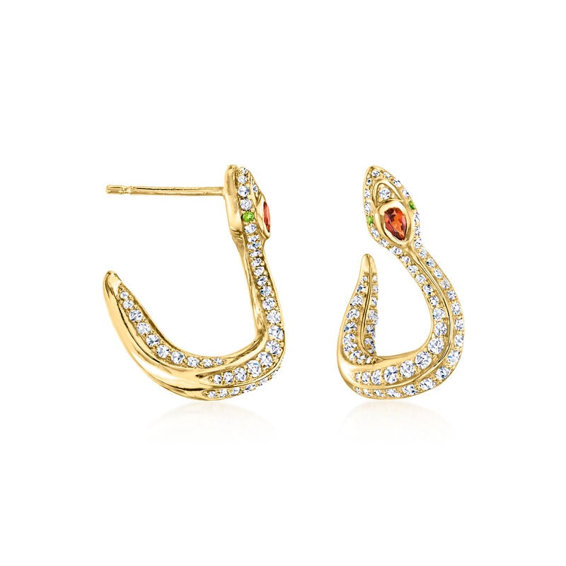 .70 ct. t.w. White Topaz and .10 ct. t.w. Garnet Snake Drop Earrings with Chrome Diopside in 18kt Gold Over Sterling  image number 2