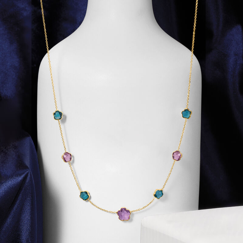 Italian 6.10 ct. t.w. Amethyst and London Blue Topaz Clover Station Necklace in 14kt Yellow Gold image number 2