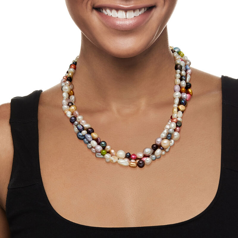 3-9mm Multicolored Cultured Pearl Torsade Necklace with Sterling Silver. 18&quot; image number 0