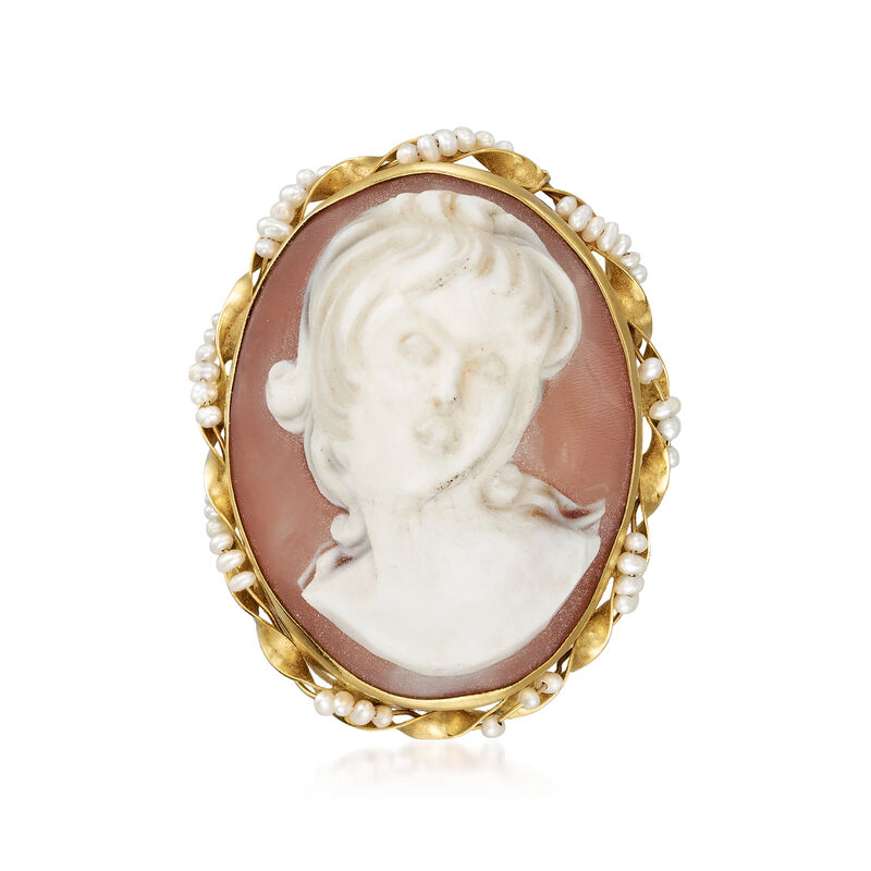 C. 1940 Vintage Oval Pink Shell Cameo and Seed Pearl Pin/Pendant in 14kt Yellow Gold image number 2