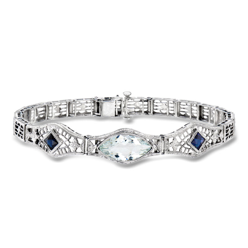 C. 1930 Vintage 2.60 Carat Aquamarine Filigree Bracelet with .50 ct. t.w. Lab-Grown Sapphires in 14kt White Gold. 6.75" image number 0